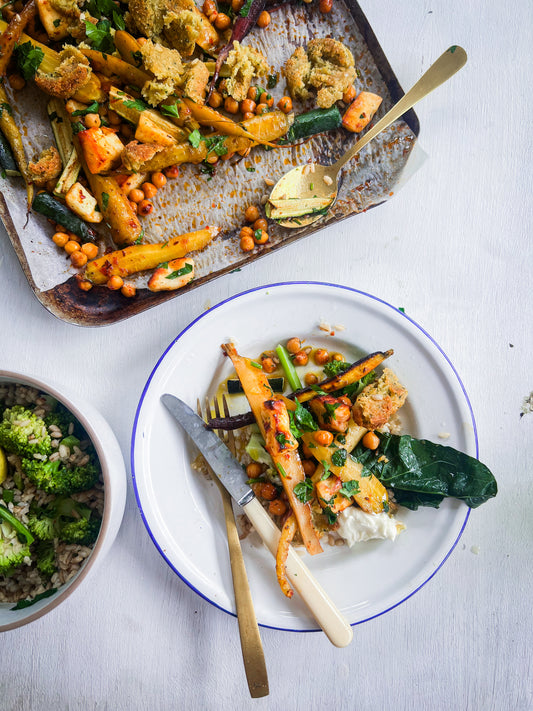 Harissa-Glazed Carrot and Halloumi Traybake with Garlic Butter