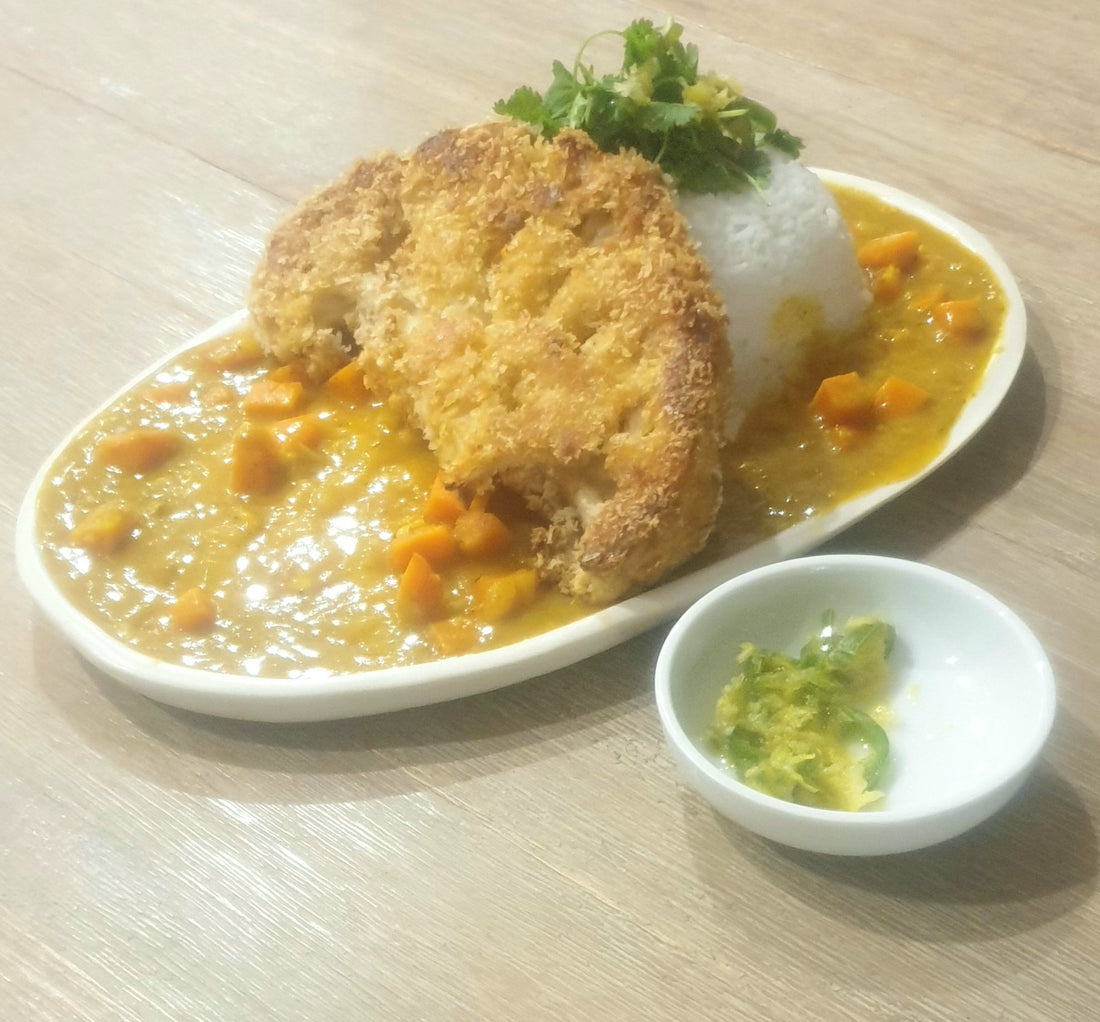 Cauliflower Katsu with Curry Sauce, Fluffy Rice and Lime -Pickled Chillies