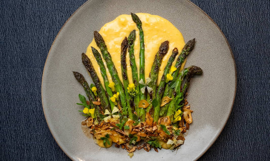 Asparagus, brown butter almonds, Lemon butter sabayon. (Or Hollandaise) - Streamside Organics