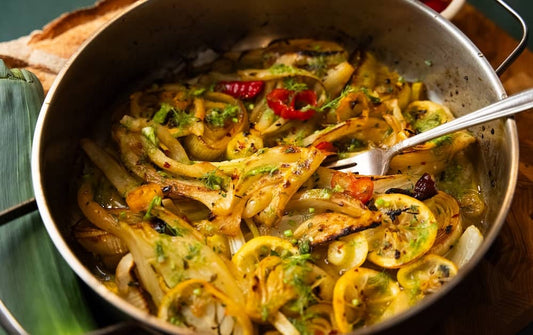 Braised Fennel and Leek with citrus and thyme. - Streamside Organics