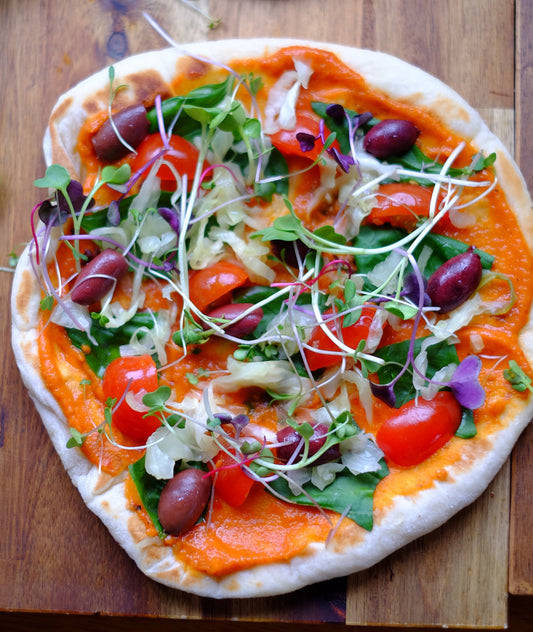 Sourdough flatbreads w sugo al basilico (And all the green goodies!) - Streamside Organics