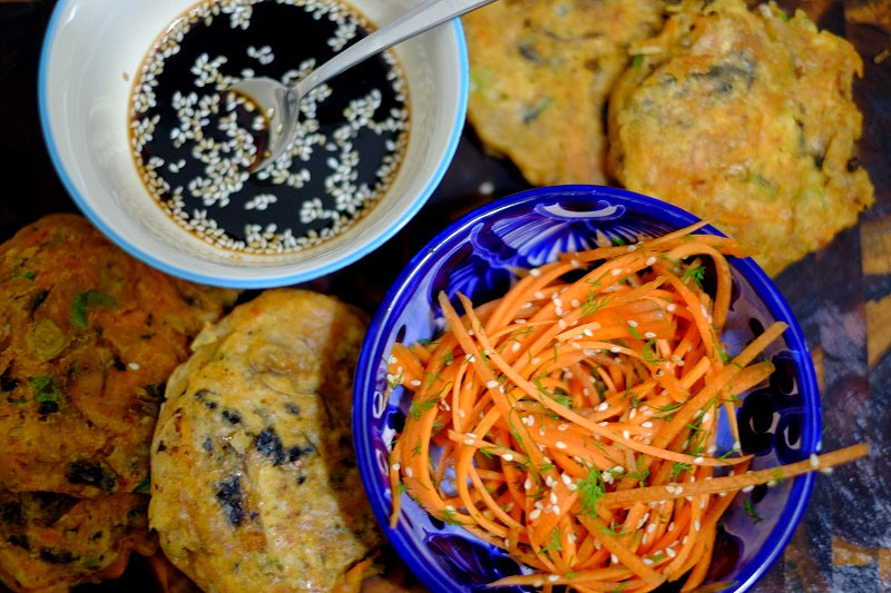 Kimchi pancakes served w/ sesame carrot salad and dipping sauce