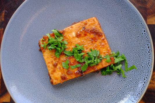 Sunomono with sticky tofu steaks and miso roast vegetables - Streamside Organics
