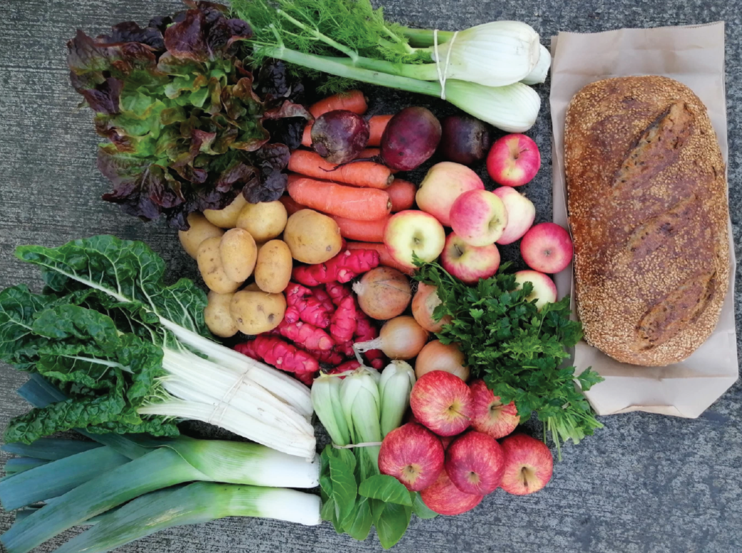 A box that contains it all, veggies, Fruit and Bread. Delivered to your door